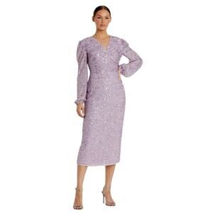 Mac Duggal NWT Size 6 Lavender Sequined Illusion Puff Sleeve V Neck Midi Dress